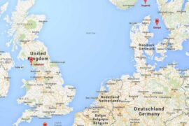 Los elementos radiactivos que originan las plantas nucleares de Sellafield (Inglaterra) y La Hague (Francia), a la izquierda en el mapa, llegan hasta las zonas marinas de Skagerrak y Kattegat en Escandinavia, arriba a la derecha. / Google Maps